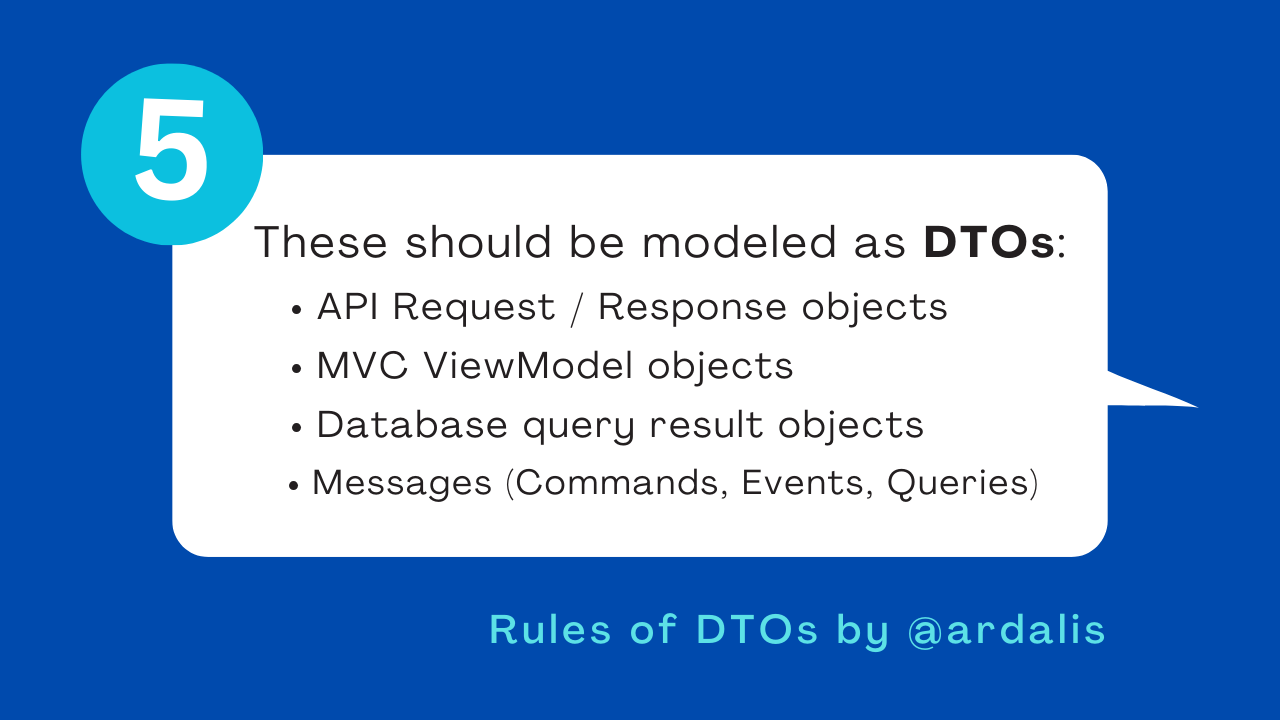 Rule 5. These should be modeled as DTOs: API Request/Response types, MVC ViewModel objects, Database query result objects, Messages like commands, events, and queries.