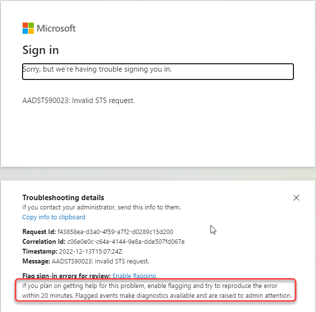 azure microsoft account login invalid STS