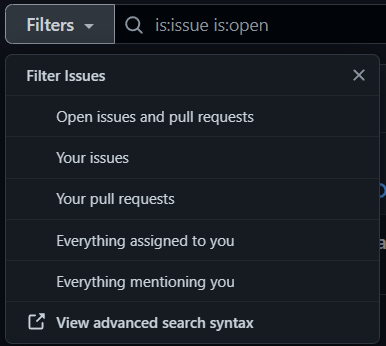 GitHub default filter options