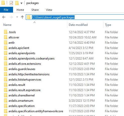 local nuget cache folder screenshot
