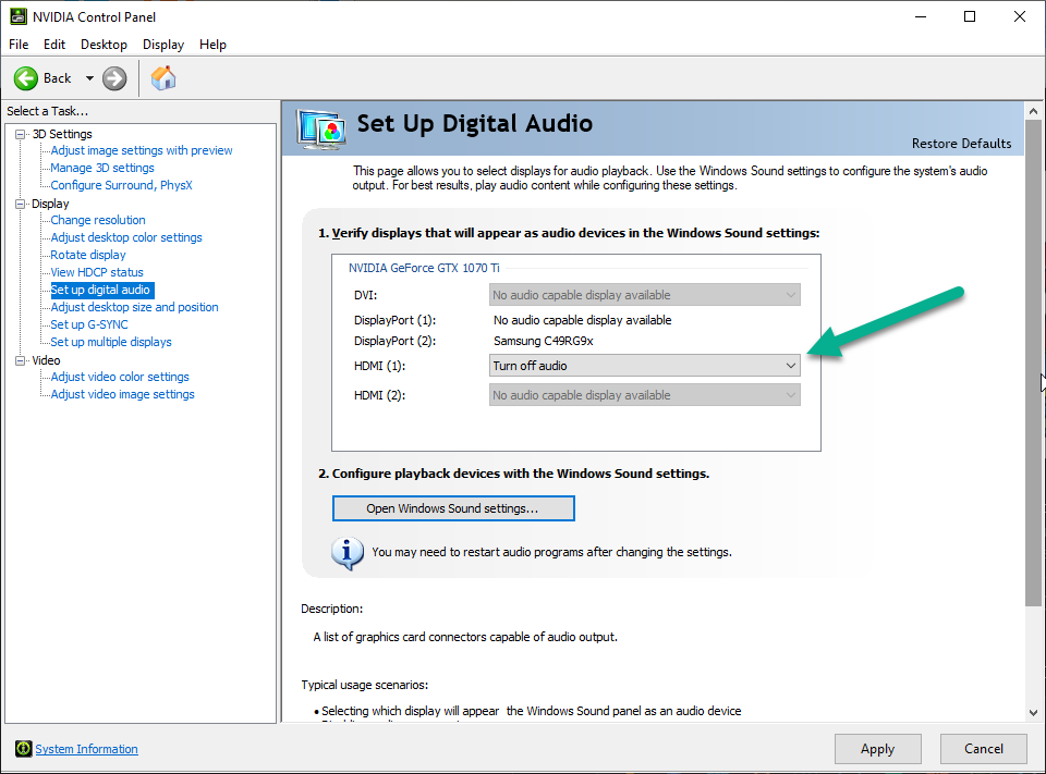 NVIDIA Control Panel turn off audio