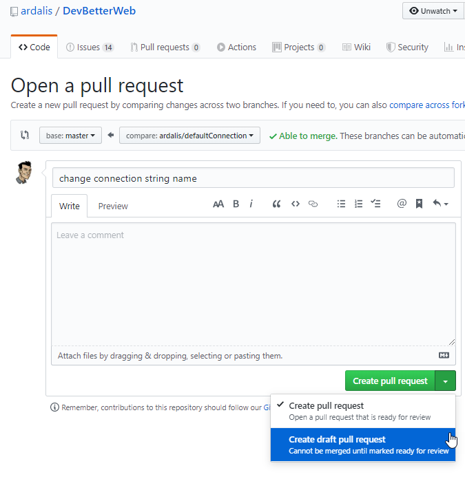Creating a draft pull request.