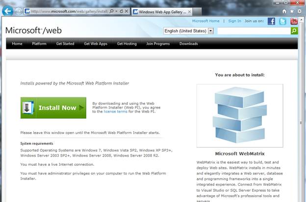 Installing WebMatrix